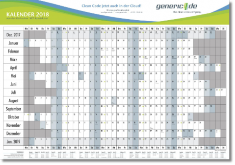 Jahresplaner mit 14 Monatszeilen und Ferientermintabelle