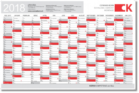 Wandplaner mit Schweizer Kalendarium und 14 Monatsspalten
